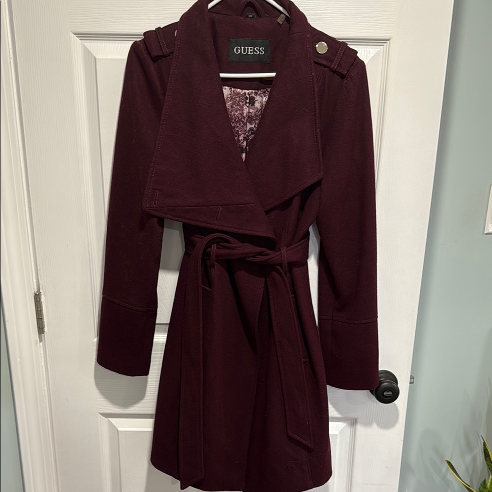 Guess Plum Trench Coat with Tie Belt and Wide Collar